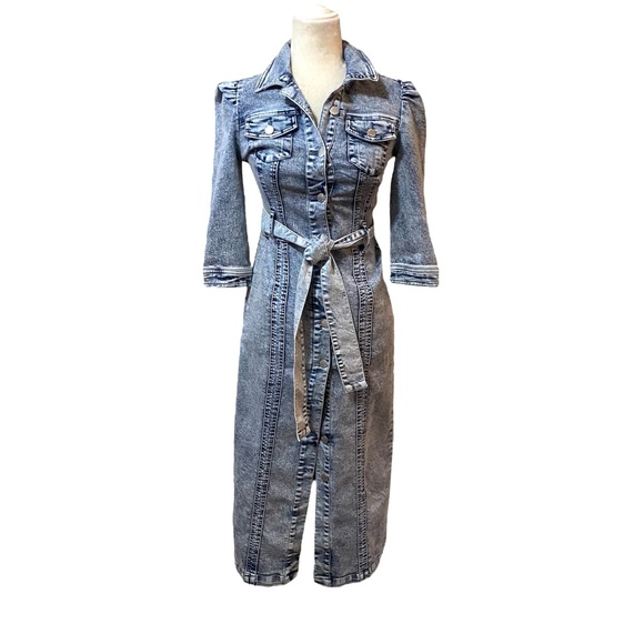 VENUS Button Front Light Blue 1/2 Sleeve Midi Denim Tie Waist Dress Size 2 - Picture 2 of 14